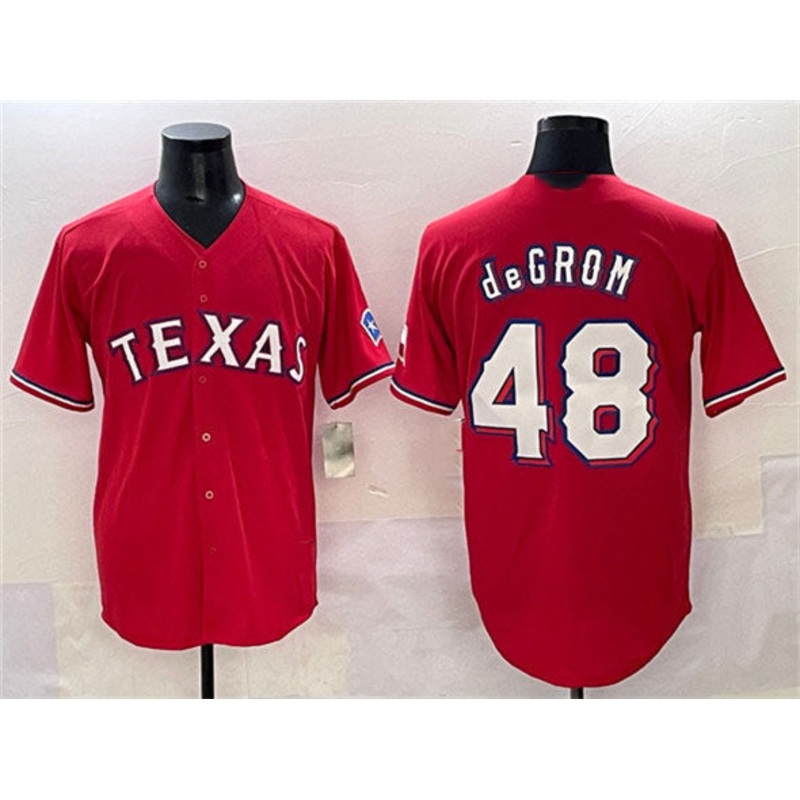 Texas Rangers #48 Jacob deGrom Red With Patch Cool Base Stitched Baseball Jersey