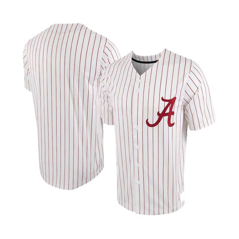A.Crimson Tide Pinstripe Replica Full-Button Baseball Jersey – White-Crimson Stitched American College Jerseys