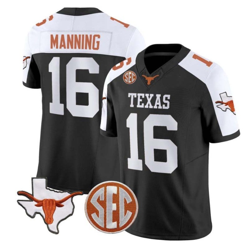 T.Longhorns #16 Arch Manning State Map and Sec Patch Vapor Football Black Alternate Stitched American College Jerseys