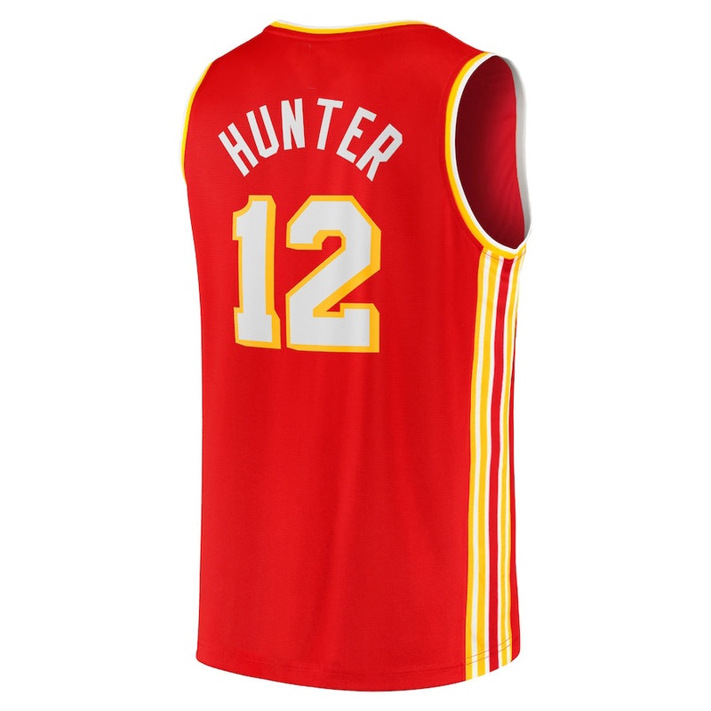 A.Hawks #12 De’Andre Hunter Fanatics Branded 2021-22 Fast Break Replica Jersey Icon Edition Red Stitched American Basketball Jersey