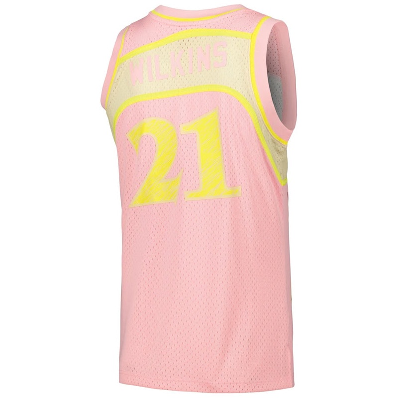 A.Hawks #21 Dominique Wilkins Mitchell & Ness 1986-87 Swingman Sidewalk Sketch Jersey – Pink Stitched American Basketball Jersey