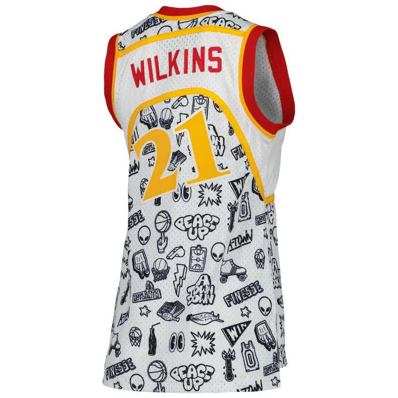 A.Hawks #21 Dominique Wilkins Mitchell & Ness Women’s 1986 Doodle Swingman Jersey White Stitched American Basketball Jersey