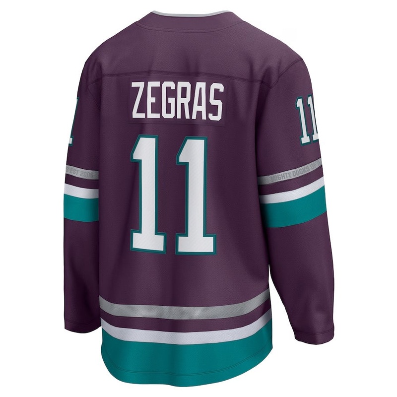 A.Ducks #11 Trevor Zegras Fanatics 30th Anniversary Premier Breakaway Jersey – Purple Stitched American Hockey Jerseys