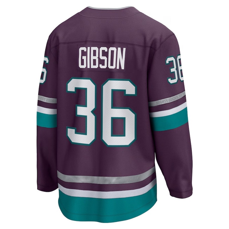 A.Ducks #36 John Gibson Fanatics 30th Anniversary Premier Breakaway Jersey – Purple Stitched American Hockey Jerseys