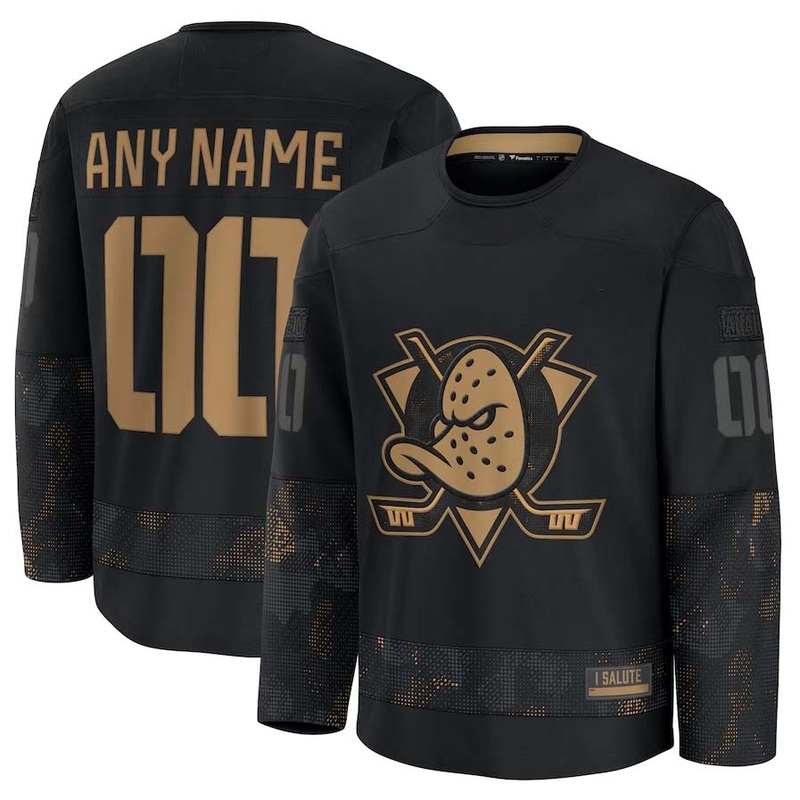 Custom A.Ducks Fanatics 2024 Military Appreciation Personalized Long Sleeve Practice Jersey – Black Stitched American Hockey Jerseys