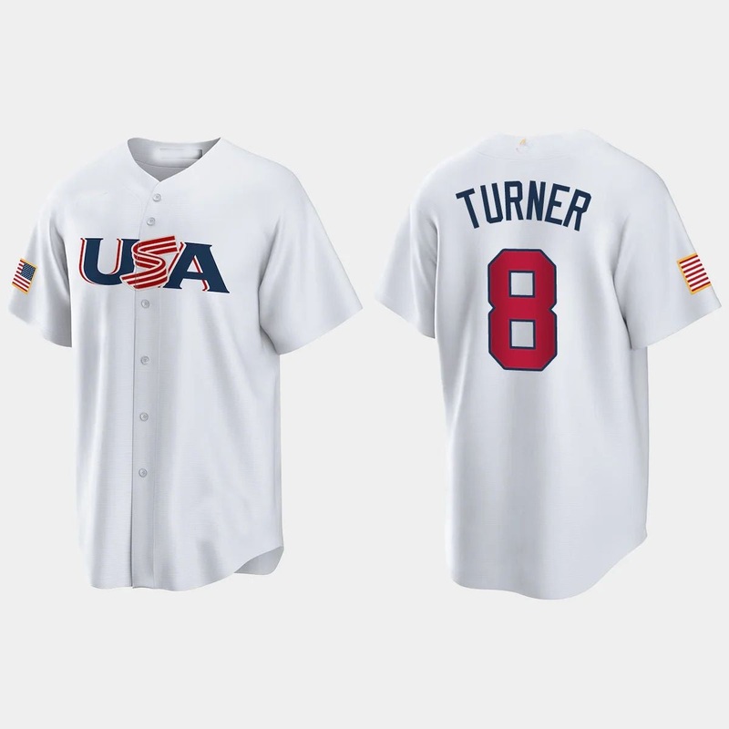 #8 TREA TURNER PHILADELPHIA PHILLIES 2023 WORLD BASEBALL CLASSIC USA REPLICA JERSEY C WHITE Stitches Baseball Jerseys