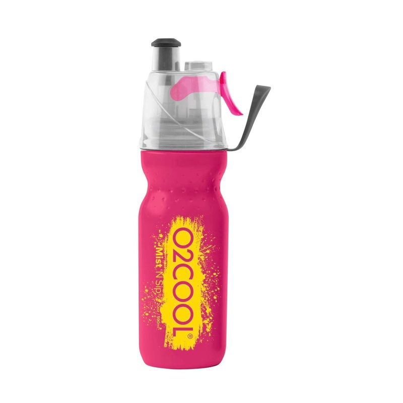 O2COOL Arctic Squeeze Mist ‘N Sip 20oz Classic Brush Sp6 Water Bottle (Pink Yellow)
