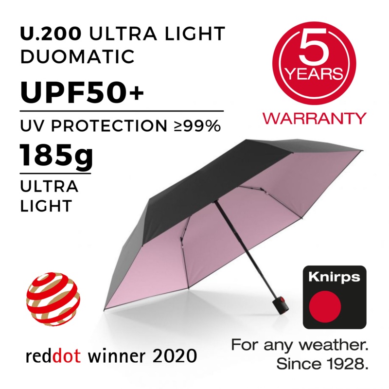 Knirps U.200 Ultraslim Duomatic (UV Protection) – Black / Rose Inner Coating