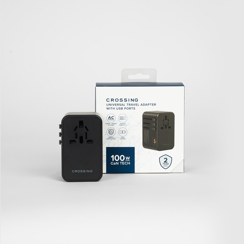 Crossing World Travel Adaptor 100W with 1 X USB-A + 3 X USB-C – Black
