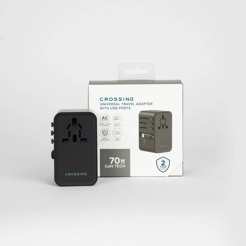 Crossing World Travel Adaptor 70W with 2 X USB-A + 2 X USB-C with Built-In Type C Cable – Black