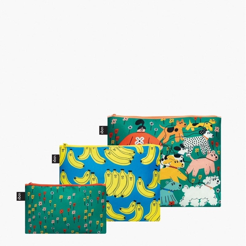 LOQI Artist Zip Pocket – Tess Smith-Roberts – Bad Bananas & Dog Walking Recycled Zip Pockets