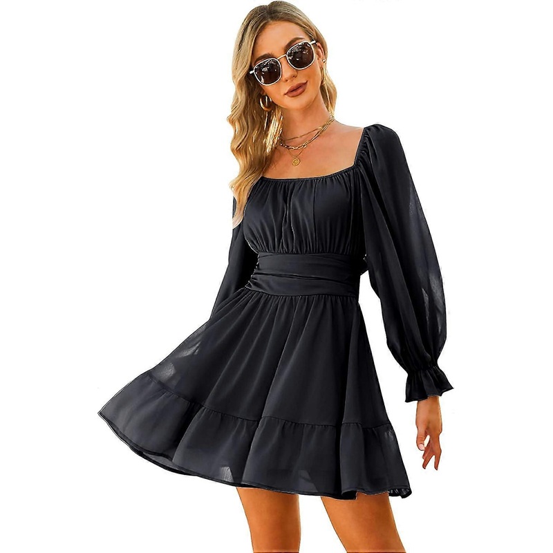 Exlura Women Tie Back Long Lantern Sleeve Square Neck Ruffle Dress Elastic Waist Aline Casual MIni Dress | Fruugo SG