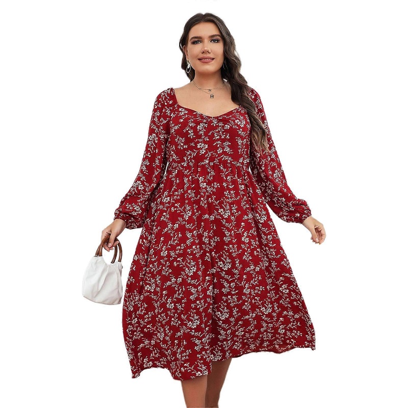 Fashion Floral Print Retro Dress Women Elegant Plus Size Midi Dress Long Sleeves Vestidos  Red XL | Fruugo SG