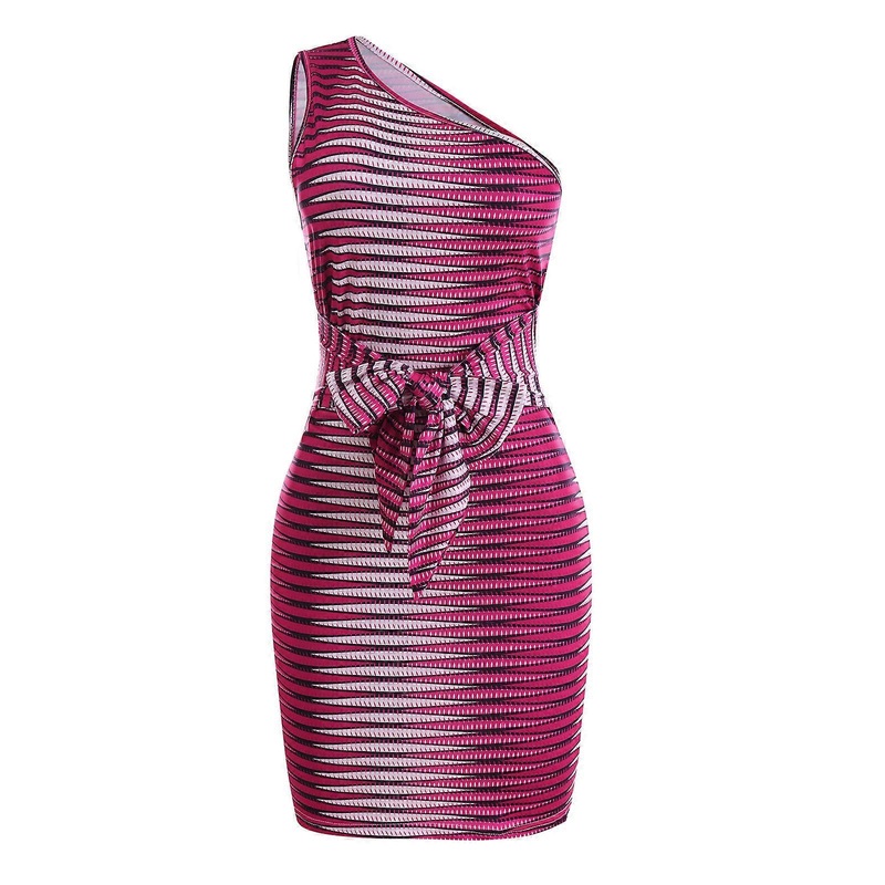 Women Bodycon Dress Exquisite Striped Print Dress Sexy One Shoulder Sleeveless Dress Bohemian Vacation Dress for Party  Red XL | Fruugo SG