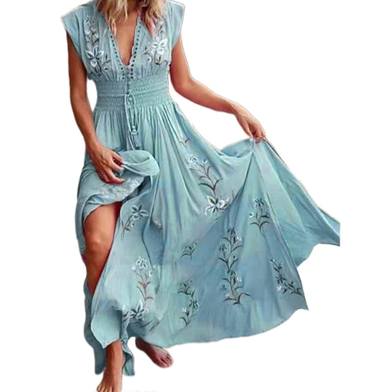 Women Cap Sleeve Sexy Deep V-Neck Maxi Long Swing Dress Floral Print Shirred Drawstring Waist Pleated Flowy Sundress  Green XL | Fruugo SG