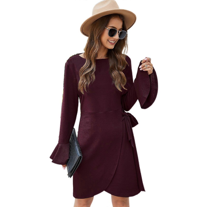 Women Flare Long Sleeve Ruffle Back Keyhole Tie Waist Split Irregular Midi Dress  Burgundy XL | Fruugo SG