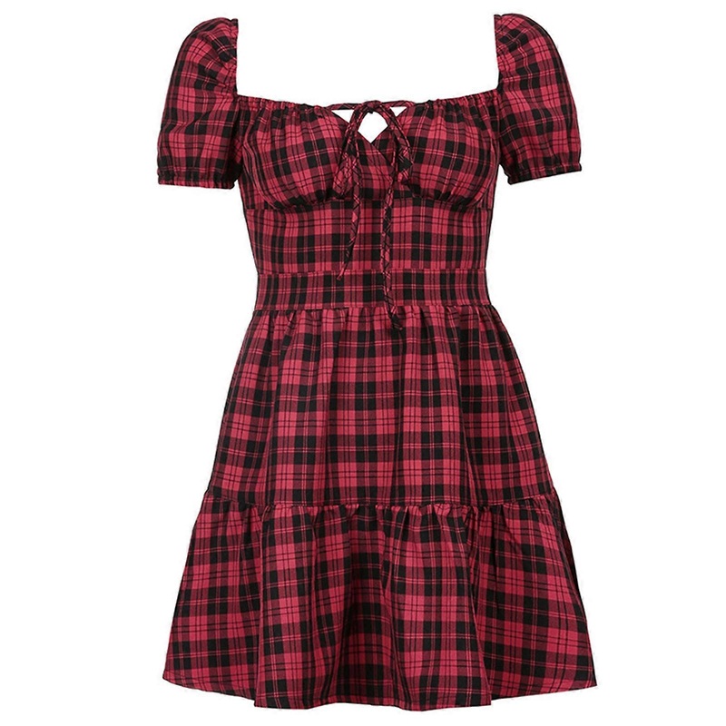 Women Gothic Punk Puff Short Sleeve Plaid Print Mini Flowy Dress Harajuku Sexy Square Neck Lace-Up Front High Waist Lolita A-Line Swing Streetwear  | Fruugo SG