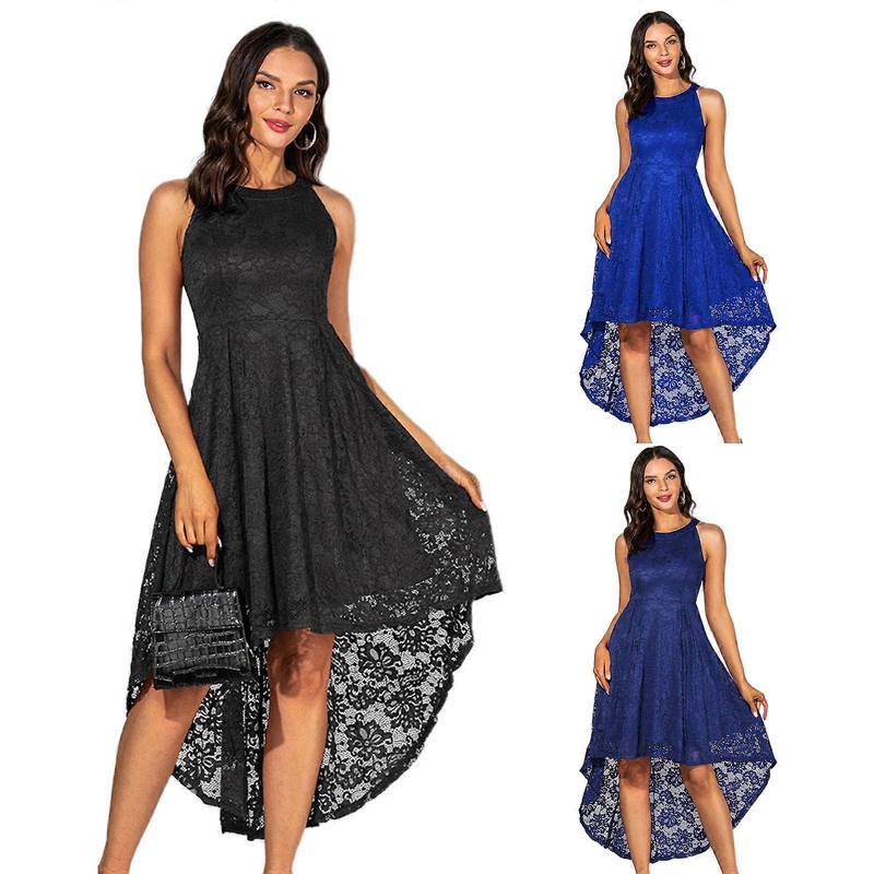 Women Halter Sleeveless Lace High Low Hem A-Line Pleated Midi Long Swing Dress  Navy Blue XL | Fruugo SG