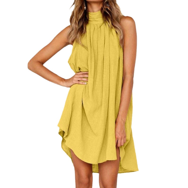 Women Halter Sleeveless Solid Color Backless Ruffle A-Line Asymmetric Mini Dress  Yellow XL | Fruugo SG