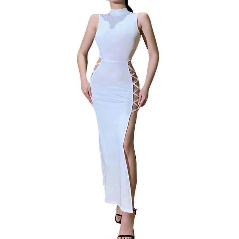 Women Long Sleeve Mock Neck Sexy High Slit for Cross Bandage Maxi Long Bodycon D  White S | Fruugo SG