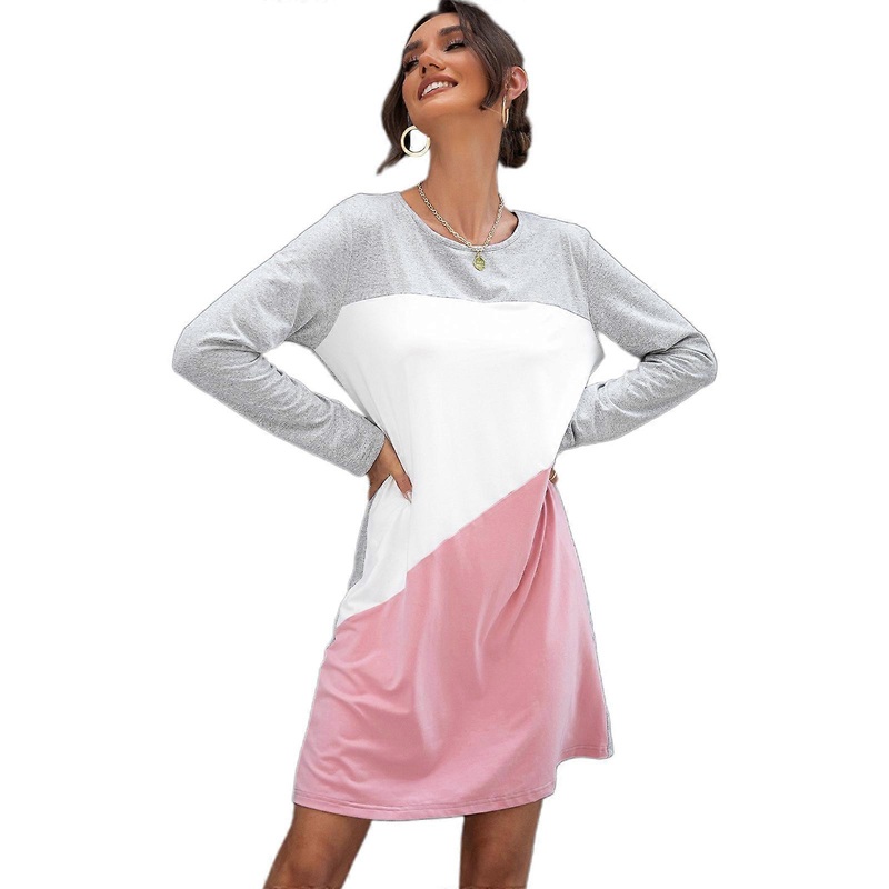 Women Long Sleeve O-Neck Midi T-Shirt Dress Colorblock Loose Tunic Blouse Top  XL | Fruugo SG