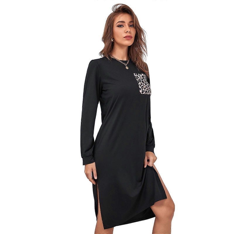 Women Long Sleeve O-Neck Split Asymmetrical Midi Dress Leopard Chest Pocket Splicing Casual Loose Sweatshirt Tunic Top  Black S | Fruugo SG