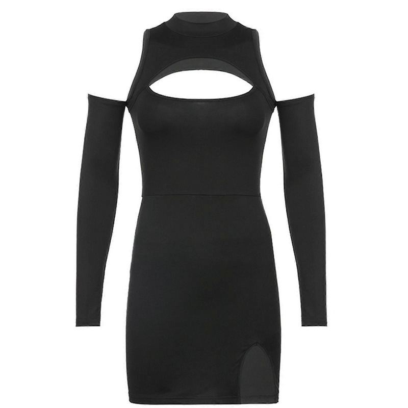 Women Long Sleeve Turtleneck Sexy Hollow Cold Shoulder Split Mini Bodycon Dress  S | Fruugo SG