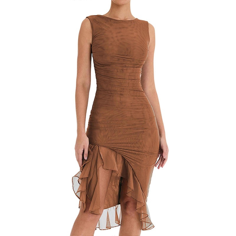 Women Ruffles-Hem Dress Female Crew Neck Dress Fashion Ruched Sleeveless Dress Sexy Backless Bodycon Dress for Summer  brown S | Fruugo SG
