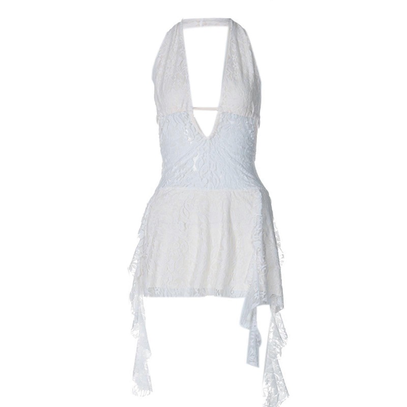 Women’s Sexy Lace Deep V Neck Mini Dress Breathable Halter Backless Dresses Patchworked for Party Nightclub  White S | Fruugo SG