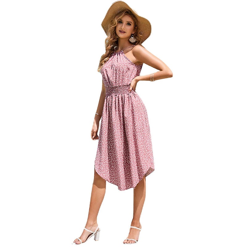 Women Sexy Lace-Up Halter Neck Sleeveless Midi Swing Dress Boho Floral Print Smocked Elastic Waist Flowy Hem Sundress  XS Pink | Fruugo SG