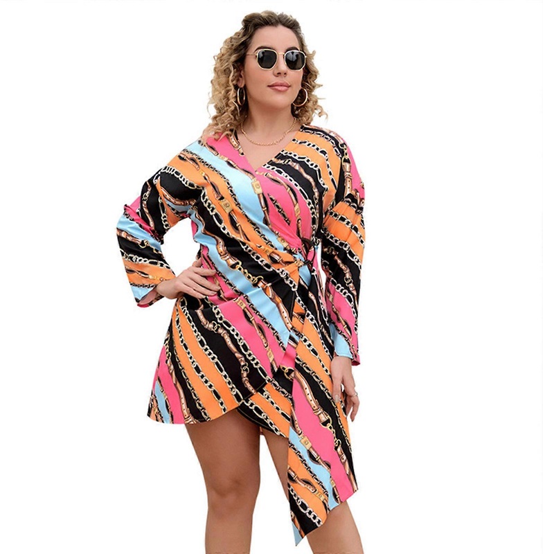 Women Sexy V Neck Split Front Party Short Dress Long Sleeve Tie Knot Waist Colorful Striped Print Beach Sundress 2XL-5XL  Color printing 5XL | Fruugo SG