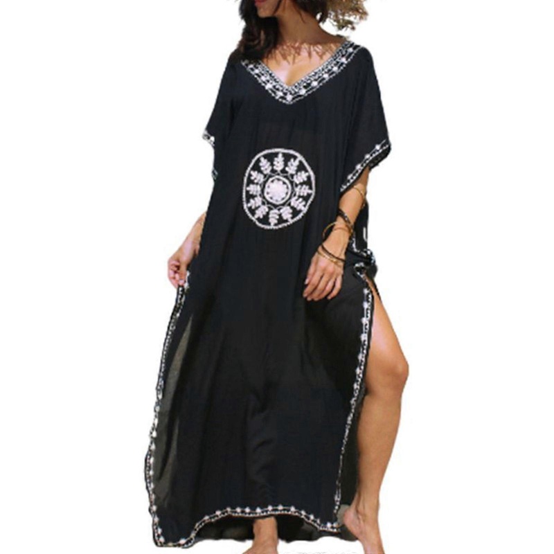 Women Sexy V-Neck Swimsuit Cover Up Ethnic Floral Embroidery Beach Maxi Dress  One Size Black | Fruugo SG