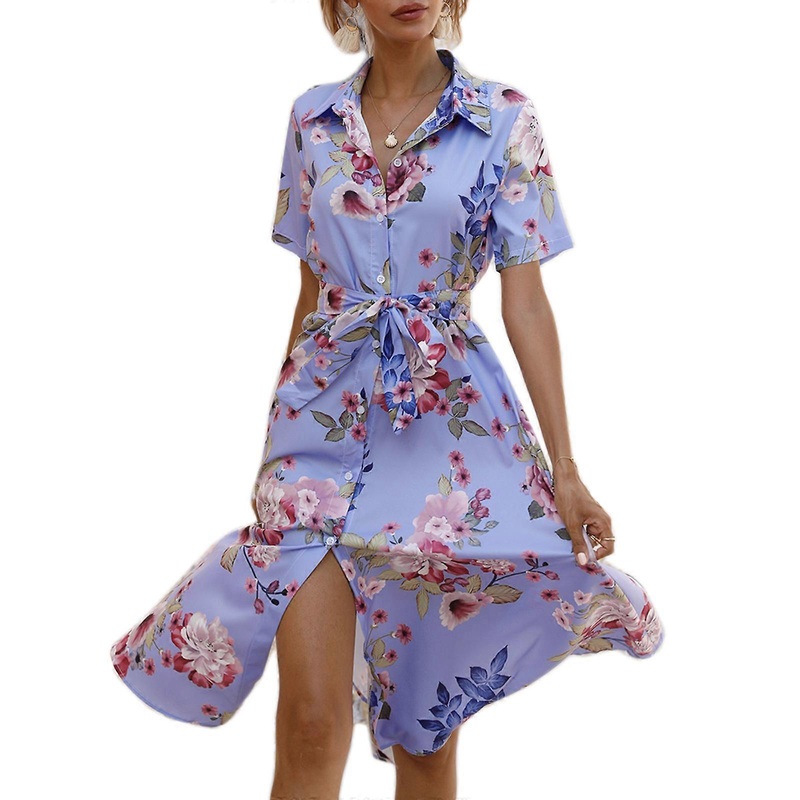 Women Short Sleeve Button Up Split A-Line Long Shirt Dress Vintage Floral Print Lapel V-Neck Tie Waist Midi Flowy Dress  Purple XL | Fruugo SG