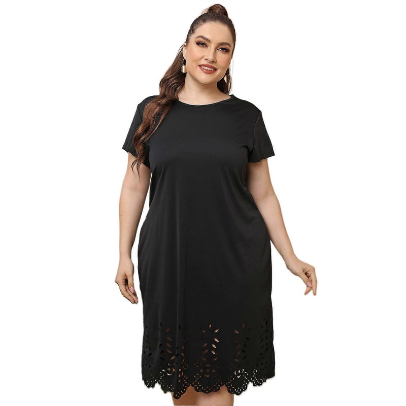 Women Short Sleeve Crewneck A-Line Hollow Out Floral Lace Hem Midi Long Dress  Black XL | Fruugo SG