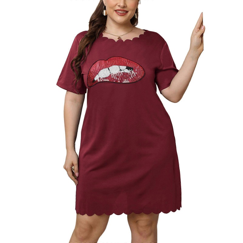 Women Short Sleeve Crewneck Sequins Lip Print Wave Trim A-Line T-Shirt Dress  Jujube red XL | Fruugo SG