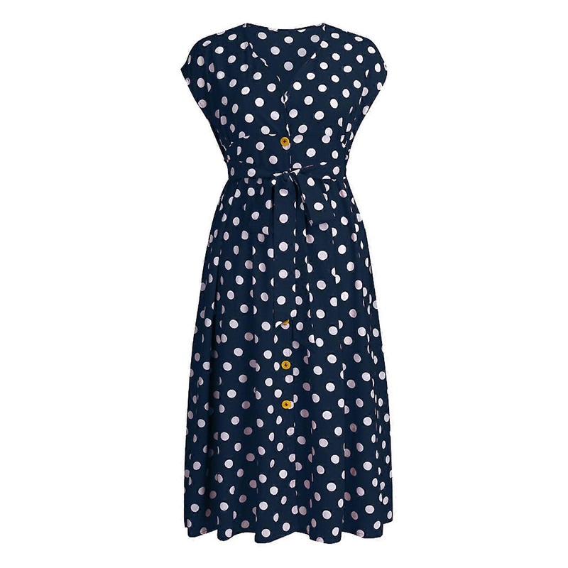Women Short Sleeve Sexy V-Neck Button Polka Dot Tie Waist A-Line Midi Swing Dres  XL Navy Blue | Fruugo SG
