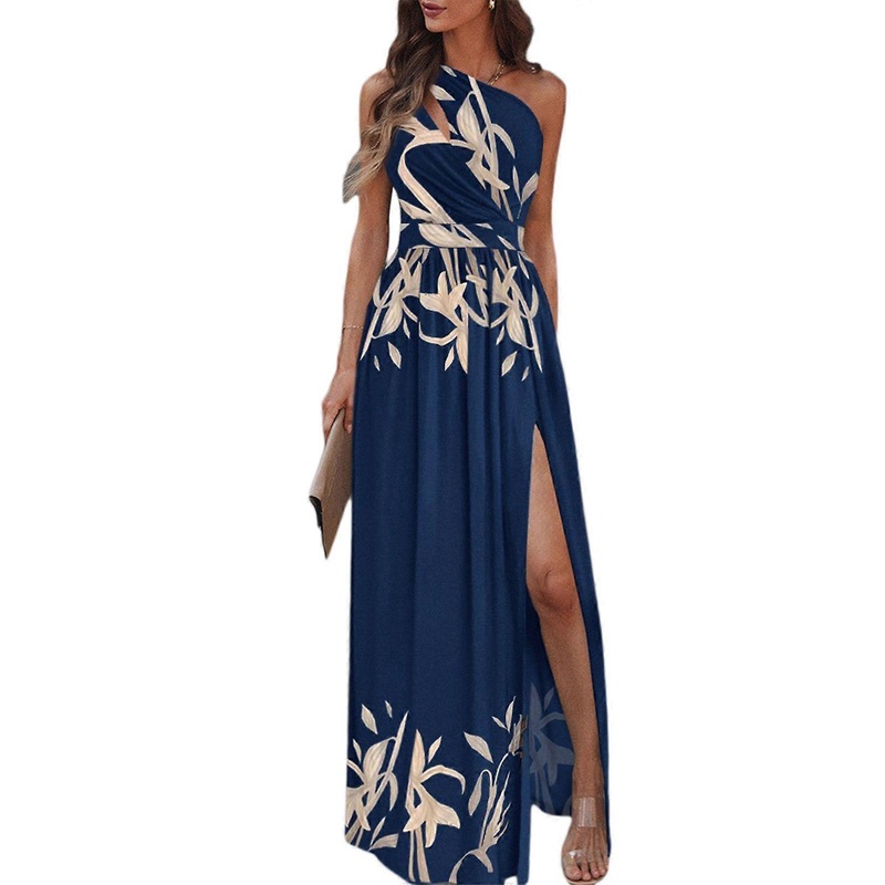 Women Sleeveless High Waist Bodycon Long Dress Sexy Cutout One Shoulder Ruched Side Thigh Split Cocktail Evening Gown  blue flower XL | Fruugo SG