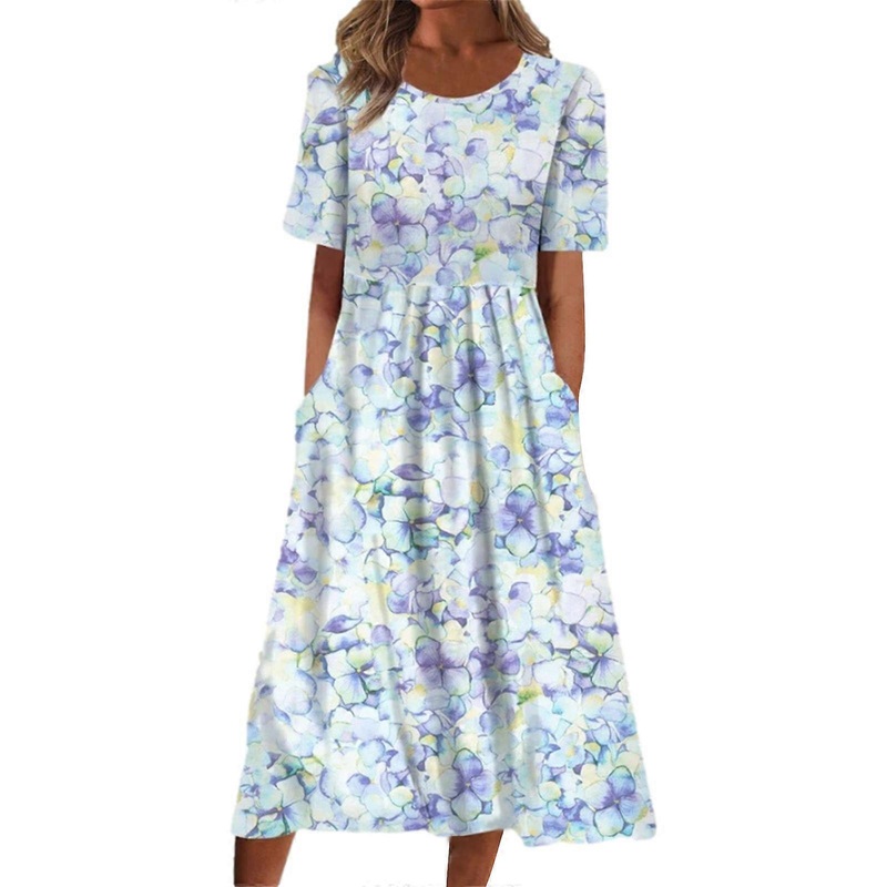 Women Summer Dress Long Casual Ruffle Round Neck Short Sleeves Midi Dress Boho Floral Print Flowy Loose Beach Dress  Full petals XL | Fruugo SG