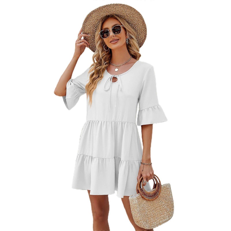 Women Summer Dress Solid Color Dress Holiday Dress Fashion Tiered Ruffle Hem Dress Lace Up Dress Short Sleeves Dress  White XL | Fruugo SG