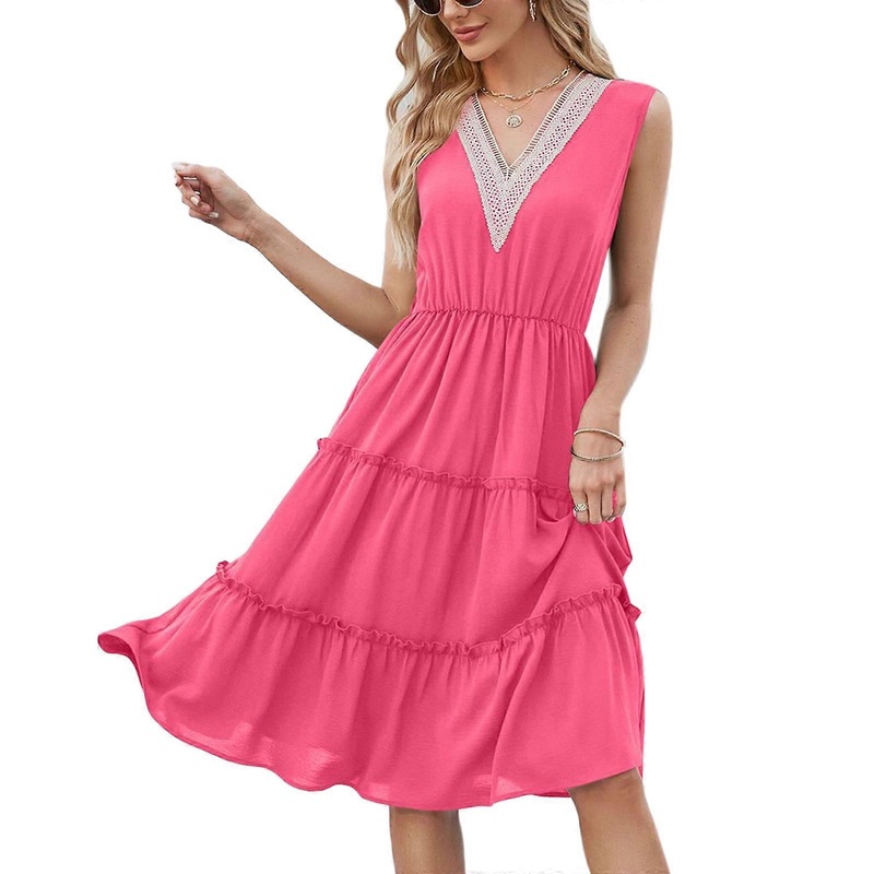 Women Summer Lacy V-Neckline Dress Flowy-Hem Solid Color Sleeveless Midi Dresses Casual Daily Outfits for Office School  rose Red XL | Fruugo SG