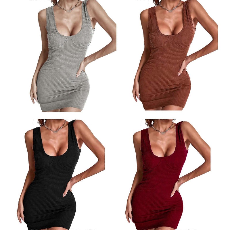 Women Summer Sleeveless Sexy Scoop Neck Ribbed Knitted Mini Bodycon for Tank Dress Solid Color Package Hip Slim Fit Casual Party Clubwear  Burgundy XL | Fruugo SG