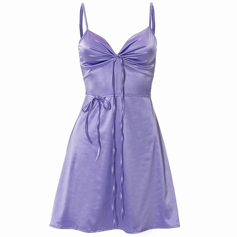 Women Summer Spaghetti Strap Satin Slim Mini Slip Dress Sexy Deep V-Neck Tie Bandage Ruched Chest Belted A-Line Clubwear  Purple S | Fruugo SG