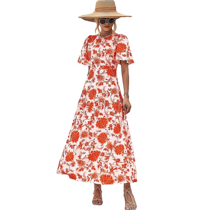 Womens Casual Short Sleeve Dresses High Waist Ankle Length Dress Elegant Crewneck Floral Print Dress for Holiday  orange XL | Fruugo SG