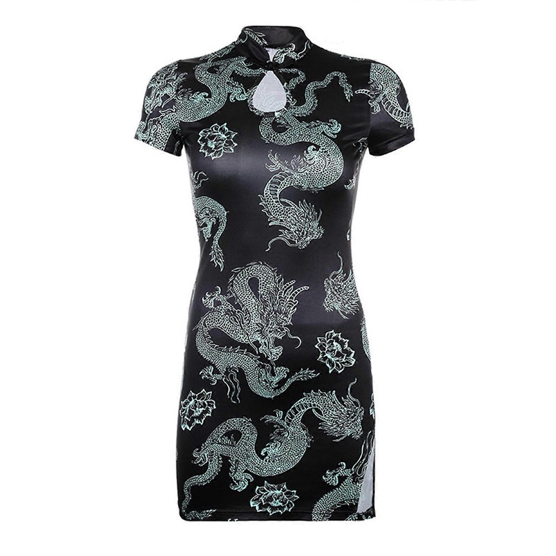 Womens Chinese Style Dragon Print Short Sleeve Mini Bodycon Dress Keyhole Stand Collar Split Hem Vintage Cheongsam  S | Fruugo SG