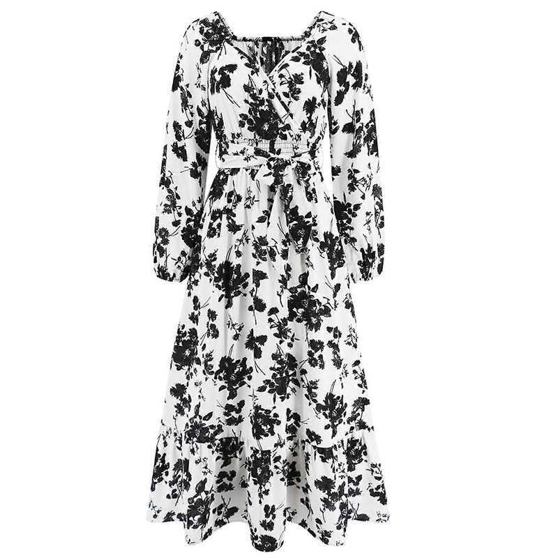 Womens Elegant Dress Floral Print Long Sleeve Sexy Evening Party Dresses V-neck Wrap Belted Dress Elegant Vestidos  White XL | Fruugo SG
