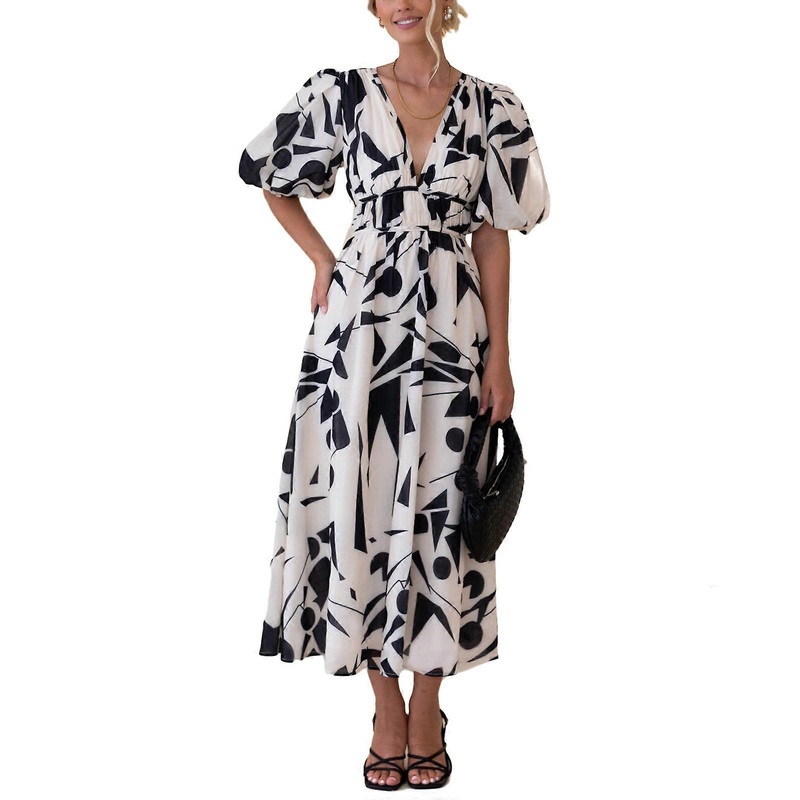 Womens Floral Printed Dress Summer Short Sleeve High Elastic Waist Dress V-neck Elegant Lady Dress for Club Party  Printing on white XL | Fruugo SG