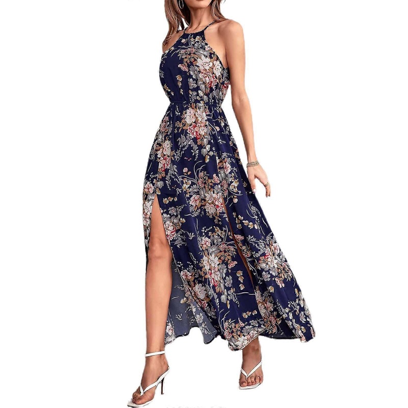Womens Halter Neck Sleeveless Swing Maxi-Long Dress Lace-Up Back Boho Floral Print Elastic High Waist A-Line Dresses  navy blue pink flowe XL | Fruugo SG