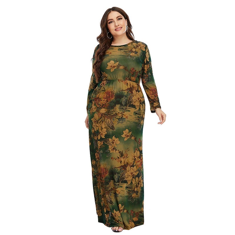 Womens Round Neck Slim Fitted Maxi Dress Long Sleeve Elastic High Waist Boho Vintage Floral Print Beach Party Sundress  XL Green | Fruugo SG