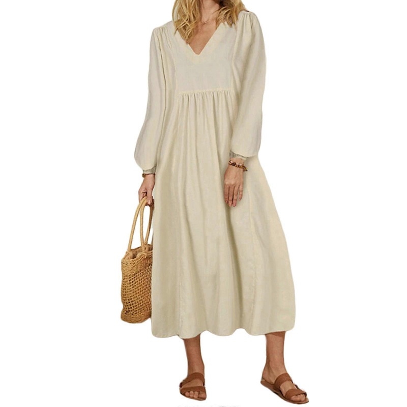 Womens Summer Long Sleeve V-Neck Cotton Linen Casual Swing Maxi Dress Elegant Lady Vintage Maxi Dress  White XL | Fruugo SG