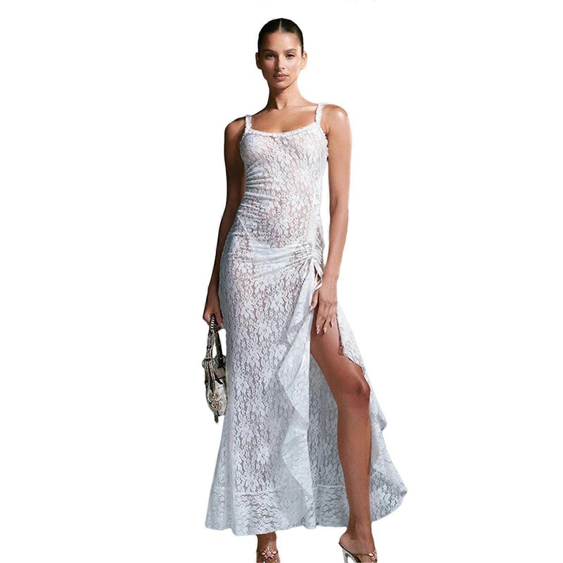 Womens Summer Thin Shoulder Straps Sexy Tie Backless See Through Lace Long Dress Side Split Ruffle Bodycon Beach Dresses  White S | Fruugo SG